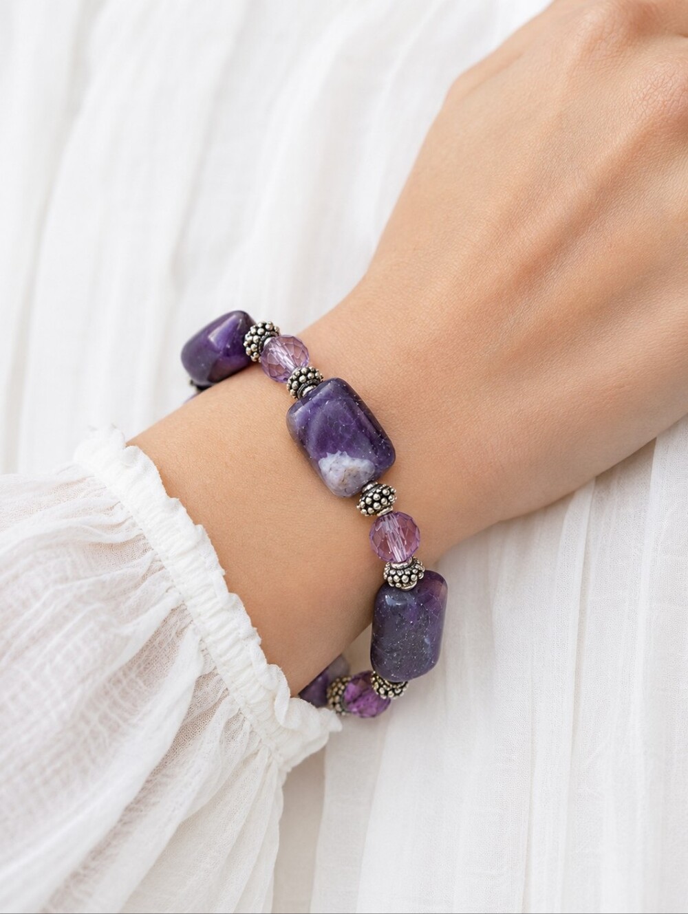 Artisan Amethyst Beaded Bracelet Purple Gemstone Toggle Clasp Boho